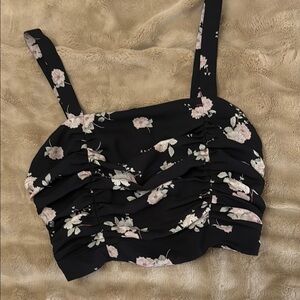 Express Black Floral Ruched Tank Top